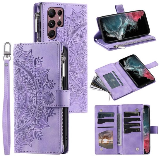 Set van paarse telefoonhoesjes met mandala-motief: open boekmodel, met pasjes en telefoon.