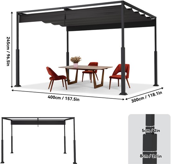Pergola Met Uitklapbaar Dak 3x4m Stabiele Tuinpergola Met Staalframe En Schuifdak 245cm Hoog UV-Beschermend Partyzelt Voor Balkon Terras Strand Zwart NAIZY