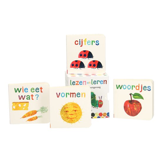 Set van vier kleine boekjes: Cijfers met lieveheersbeestjes, Wie eet wat? met wortels, Vormen met een zon, en Woordjes met een appel.