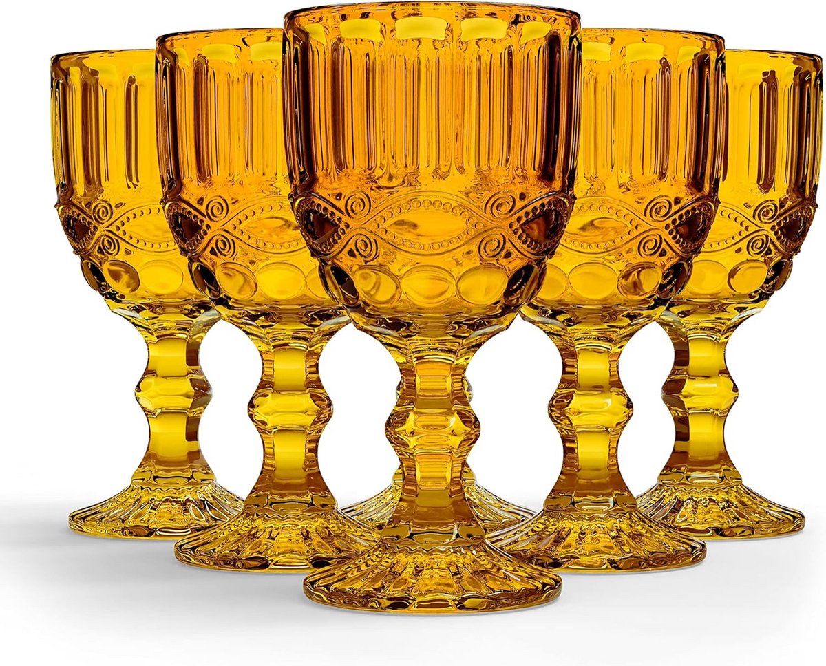 Set van 6 Gekleurde Wijnglazen met Vintage Design en Reliëfpatroon