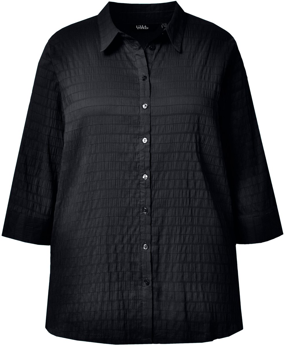 Ulla Popken - Dames - Blouse bubble-kwaliteit overhemdkraag 3/4-mouwen - Zwart - Maat 42+