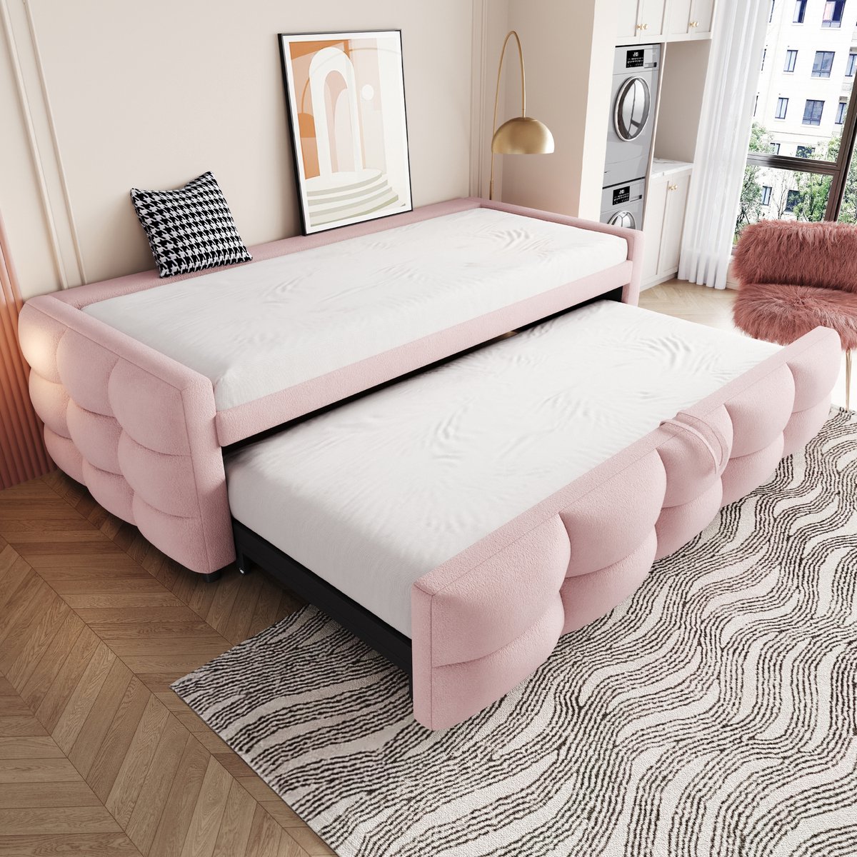 MODFU Bedframe 90/180x190 cm, teddy stof, uitschuifbaar met lattenbodem, roze