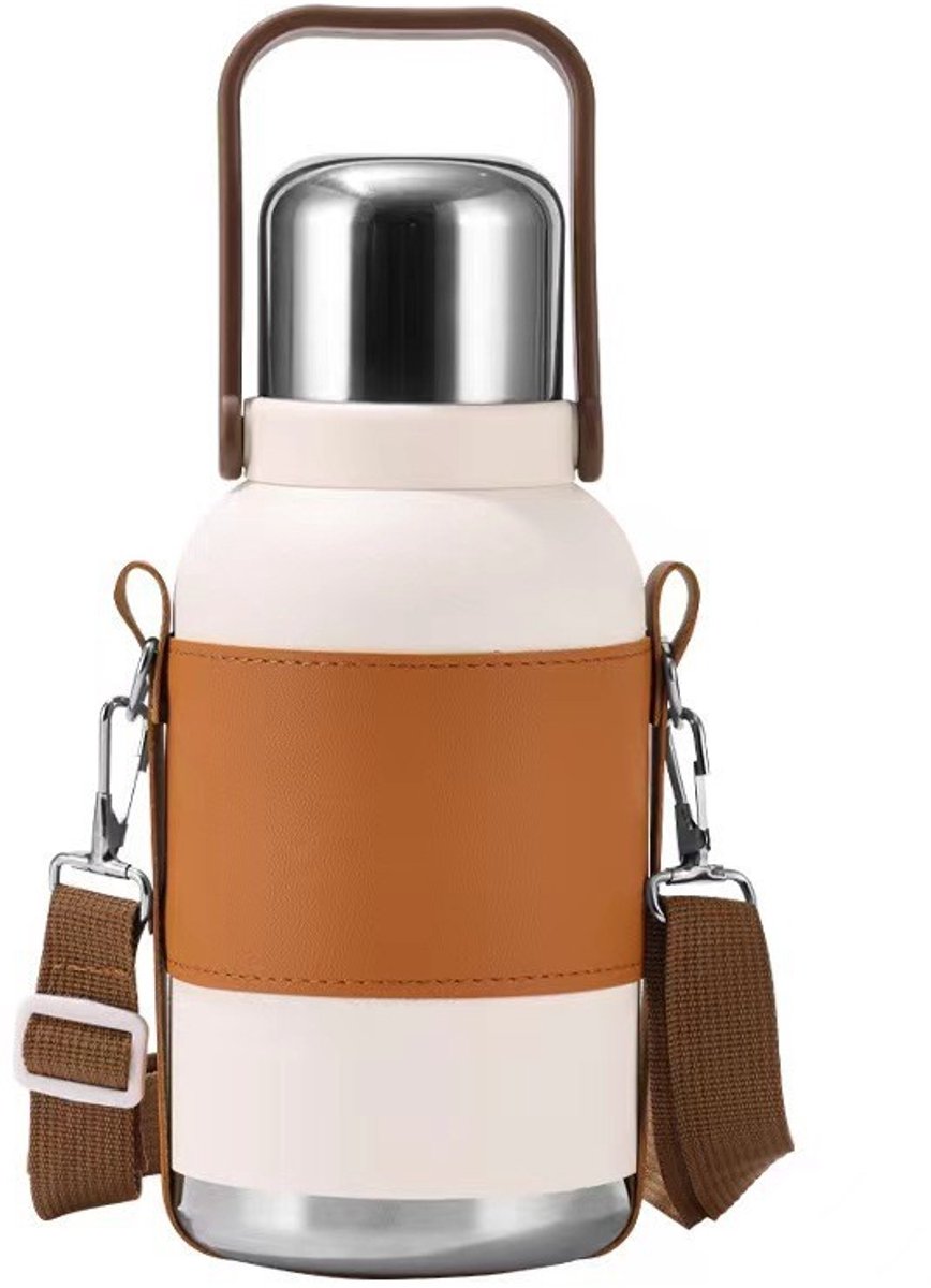 Oneay Luxe thermosfles 1500ml – 316 RVS drinkfles – Inclusief leren draagtas en theefilter – Dubbelwandig vacuümgeïsoleerd – Houdt dranken 24 uur warm en koud – Wit
