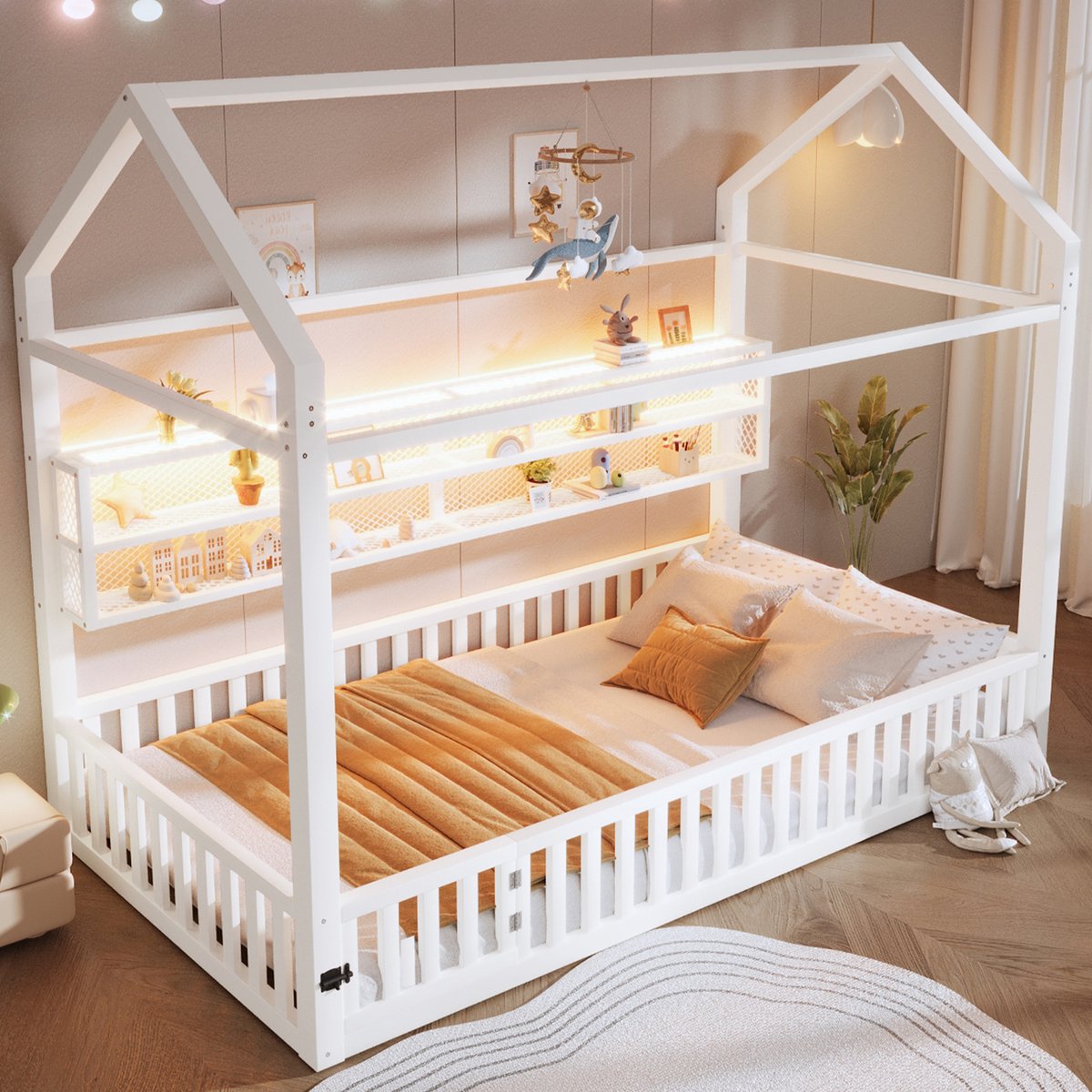 MODFU Bedframe 90x200 cm van metaal – huisvorm met veiligheidshek – kinderbed met 7-kleuren LED – wit