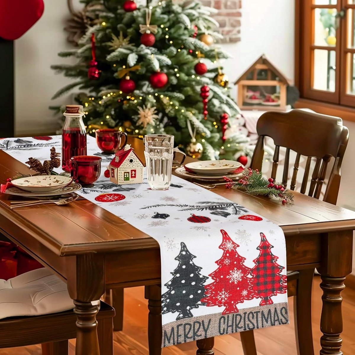 Kerst Tafelloper Rood Sneeuwvlok Winterdecoratie (33 x 180 cm)