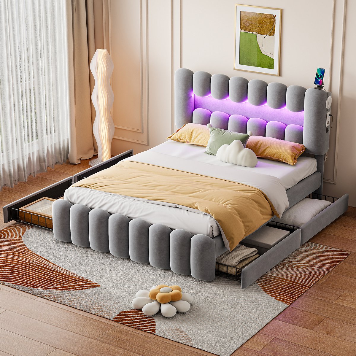 HAUSS SPOLE Gestoffeerd Bed 160x200cm - 4 Laden En Instelbaar Hoofdeinde - LED Lichtstrip Met USB En Luidsprekers - Fluweel/MDF - Grijs - Zonder matras