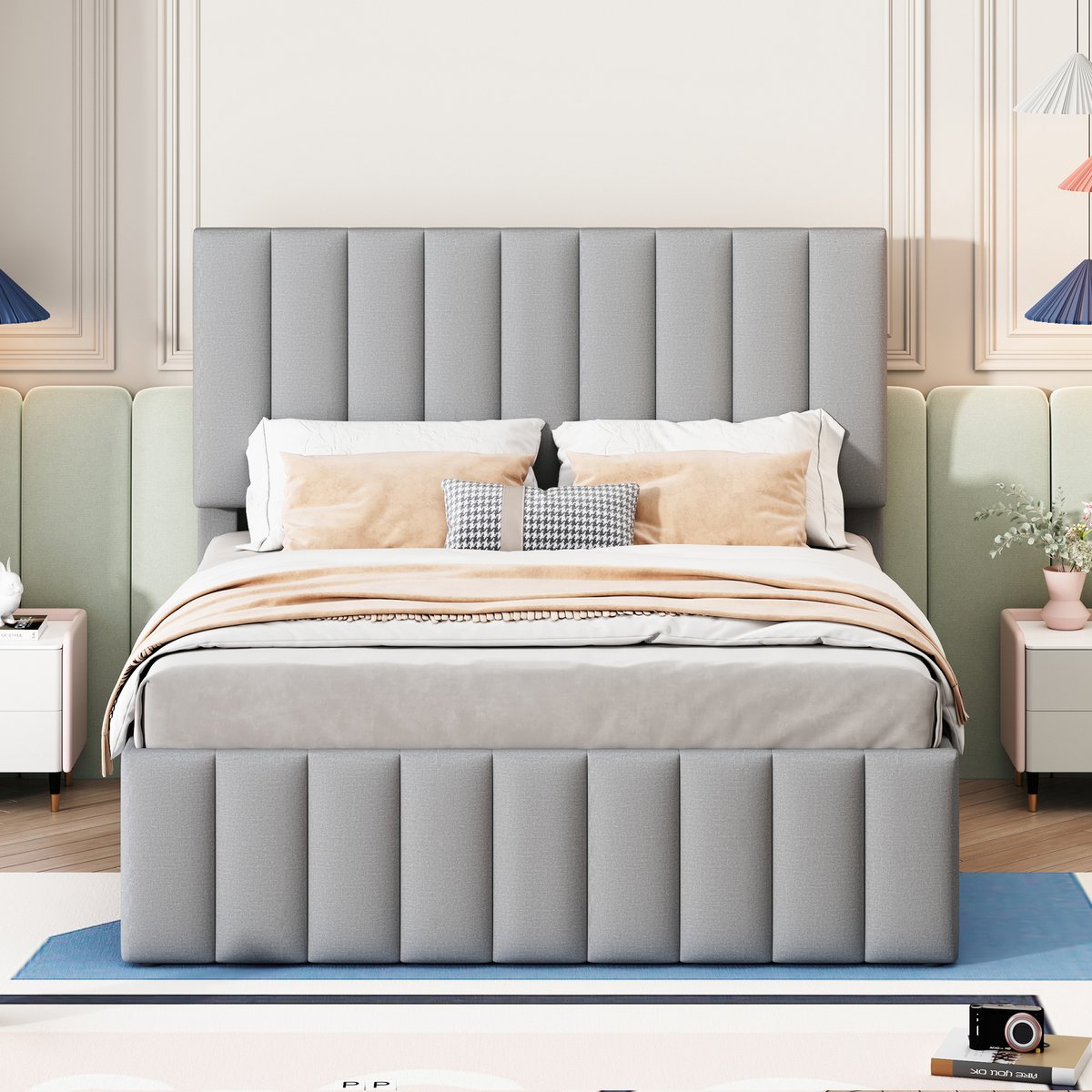 HAUSS SPOLE Gestoffeerd Bed 140x200cm - Met Uitschuifbed En 3 Lades - Verstelbaar Hoofdbord - Met Lattenbodem - Zonder matras - Grijs