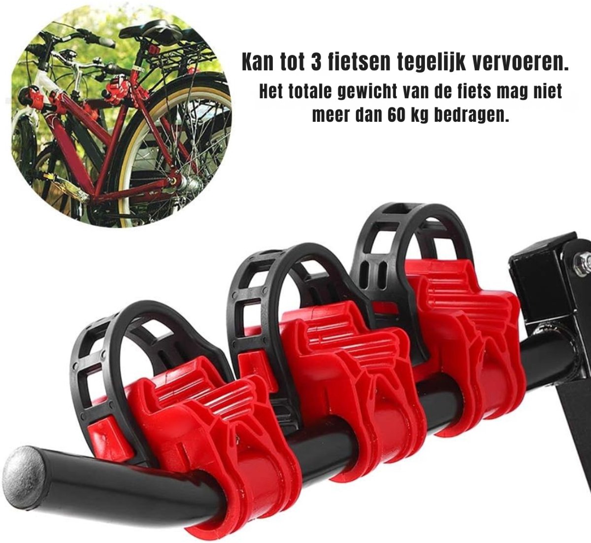 MIRA® Fietsendrager Elektrische Fiets - Fietsendrager - Fietsendrager met Spanband - 3 Fietsen - Geen Trekhaak - Zwart/Rood - 72cm x 23cm x 12cm thumbnail 5
