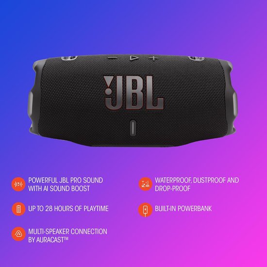 Haut-parleur JBL noir avec informations sur le son, l'étanchéité, la durée de lecture et la banque d'alimentation.