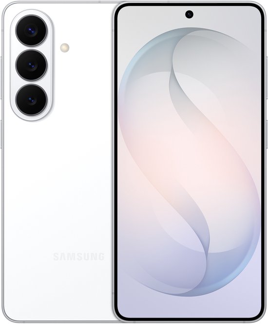 Witte Samsung Galaxy S26+ telefoon, voorkant toont een abstract ontwerp, achterkant de camera's.
