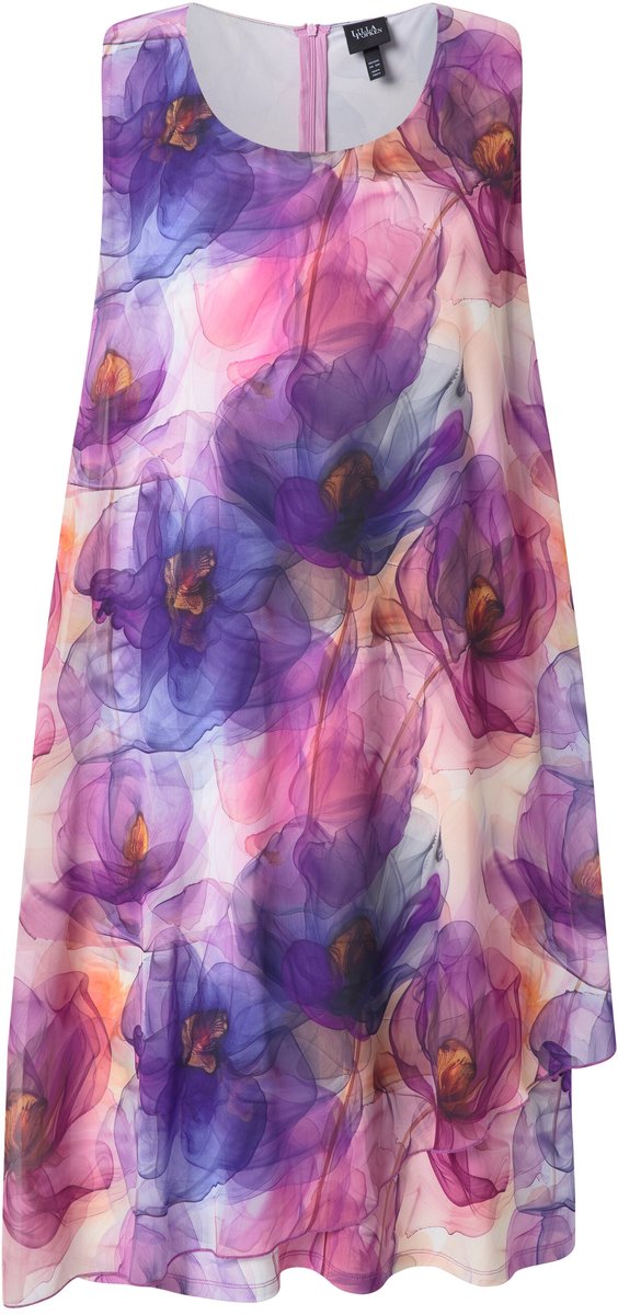 Ulla Popken Dames - Chiffonjurk bloemen A-lijn ronde hals mouwloos - Zwart - Maat 46+