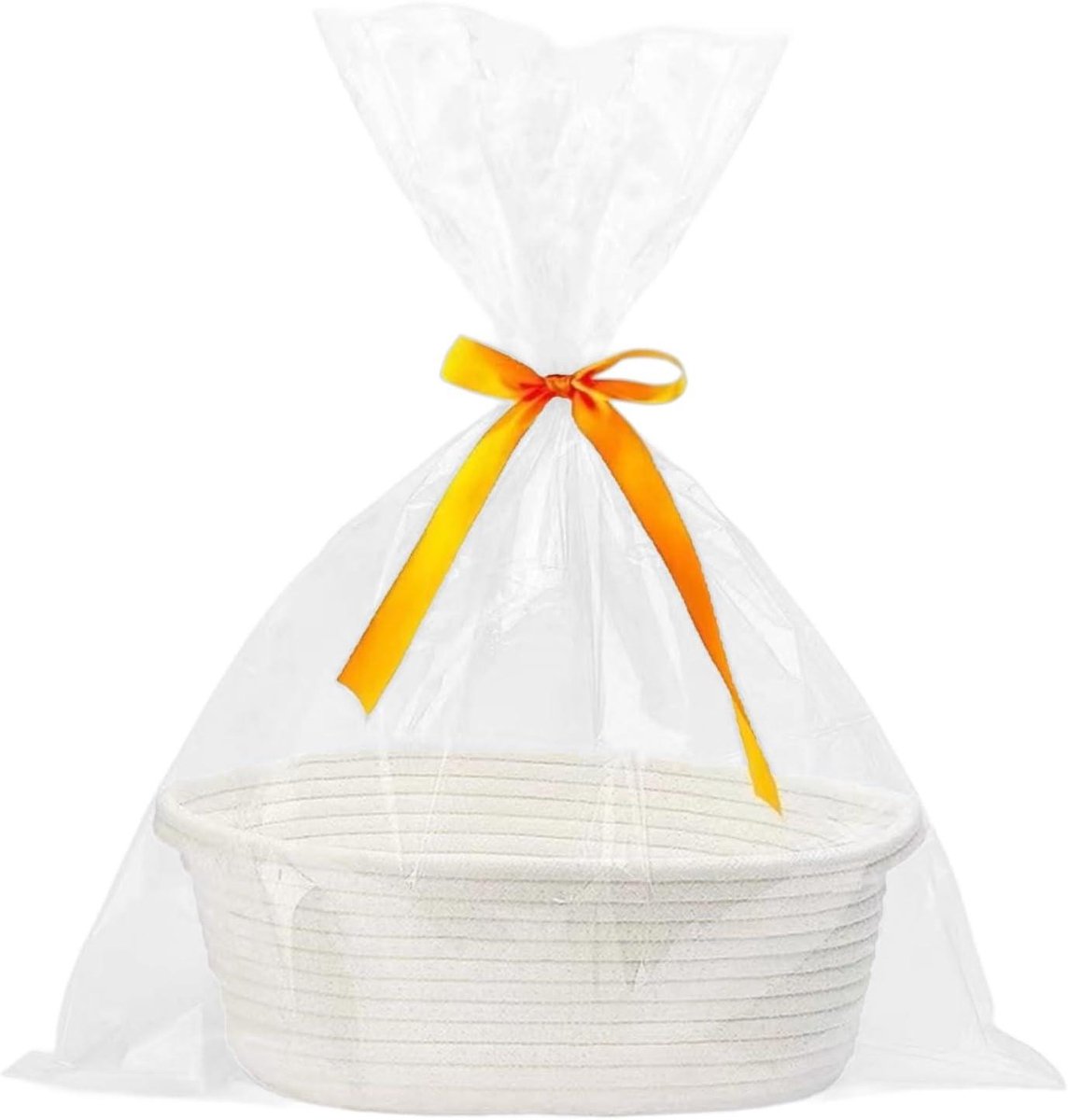 Gevlochten mand met geschenkzakjes en linten voor Halloween, Thanksgiving, Kerstmis - Wit