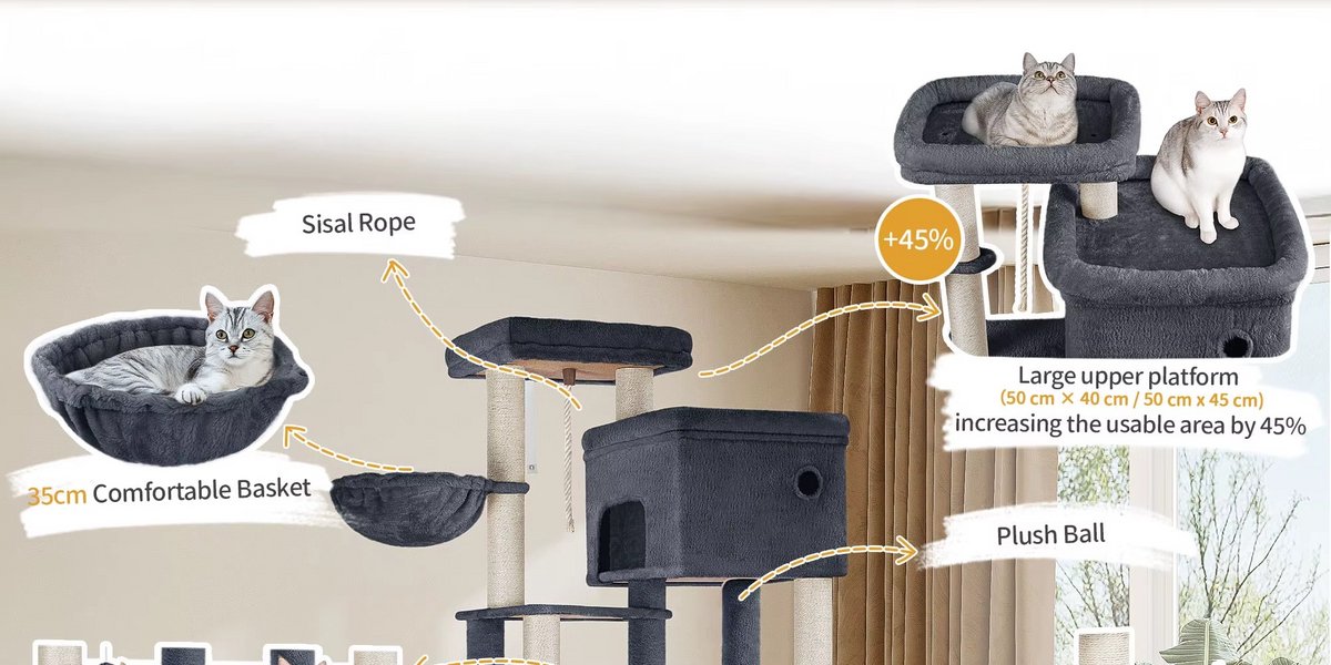 Multi Level Cat Tower - 200 cm - Krabpaal Katten Groot – Met 10 Krabpalen en 2 Hangmatten – Kattentoren met 2 Holletjes, Mand en Platform – Inclusief Kattenborstel – Geschikt voor Grote Katten en Kittens – foto 4