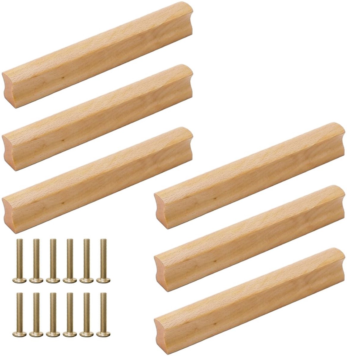 6-delige set houten meubelhandgrepen 128mm voor kasten en laden, rustiek design, inclusief schroeven, naturel afgewerkt
