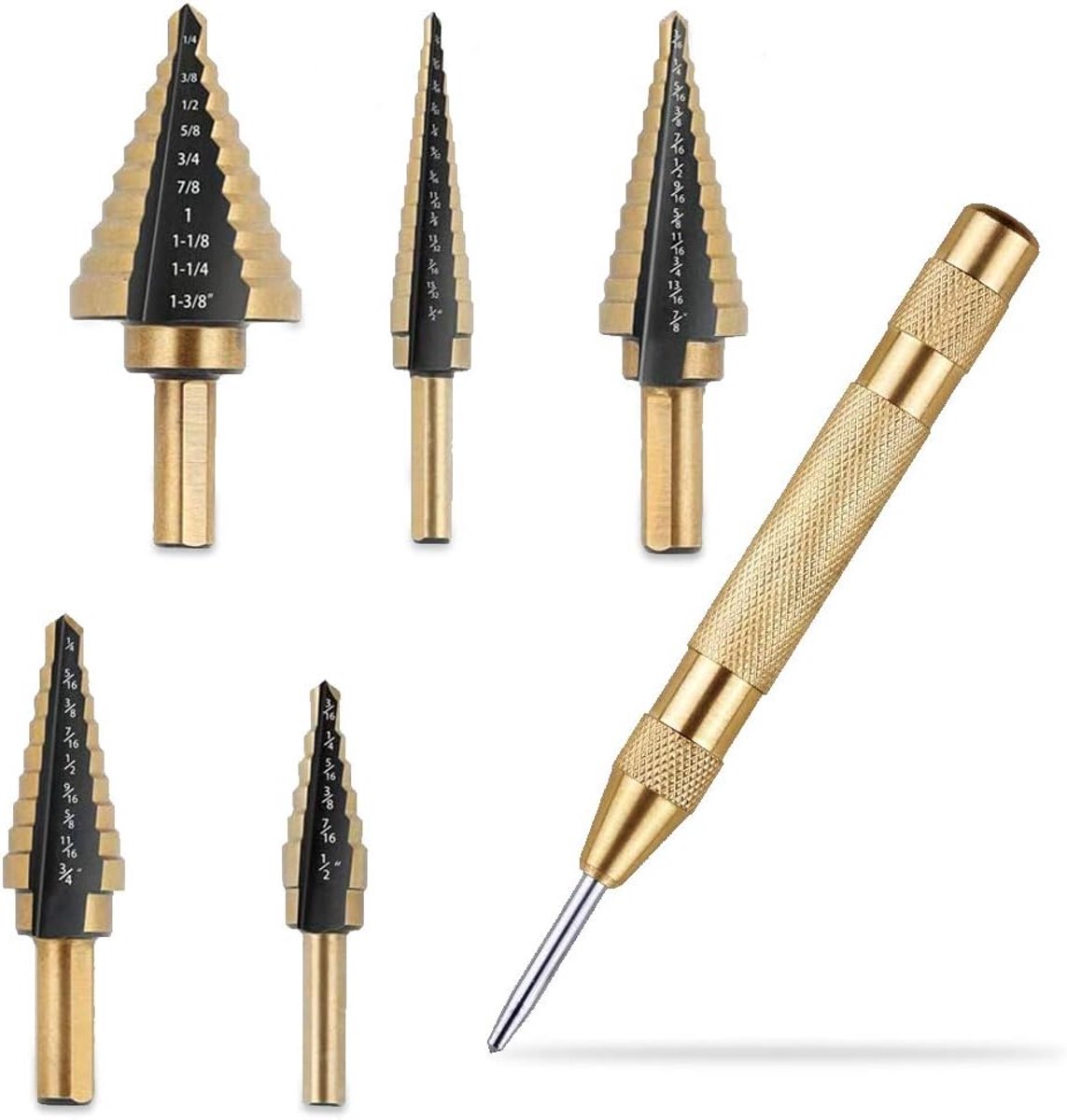 Stap Boor Set - Gereedschap Set - Metaal Boren - Automatische Center Punch - 5 Boren 50 Maten - Zwart Goud