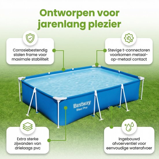 Blauw rechthoekig Bestway Steel Pro zwembad op gras met de tekst 'Ontworpen voor jarenlang plezier'.
