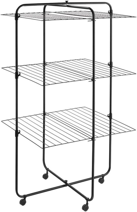 Zwart droogrek met 3 etages, staand model met wieltjes.