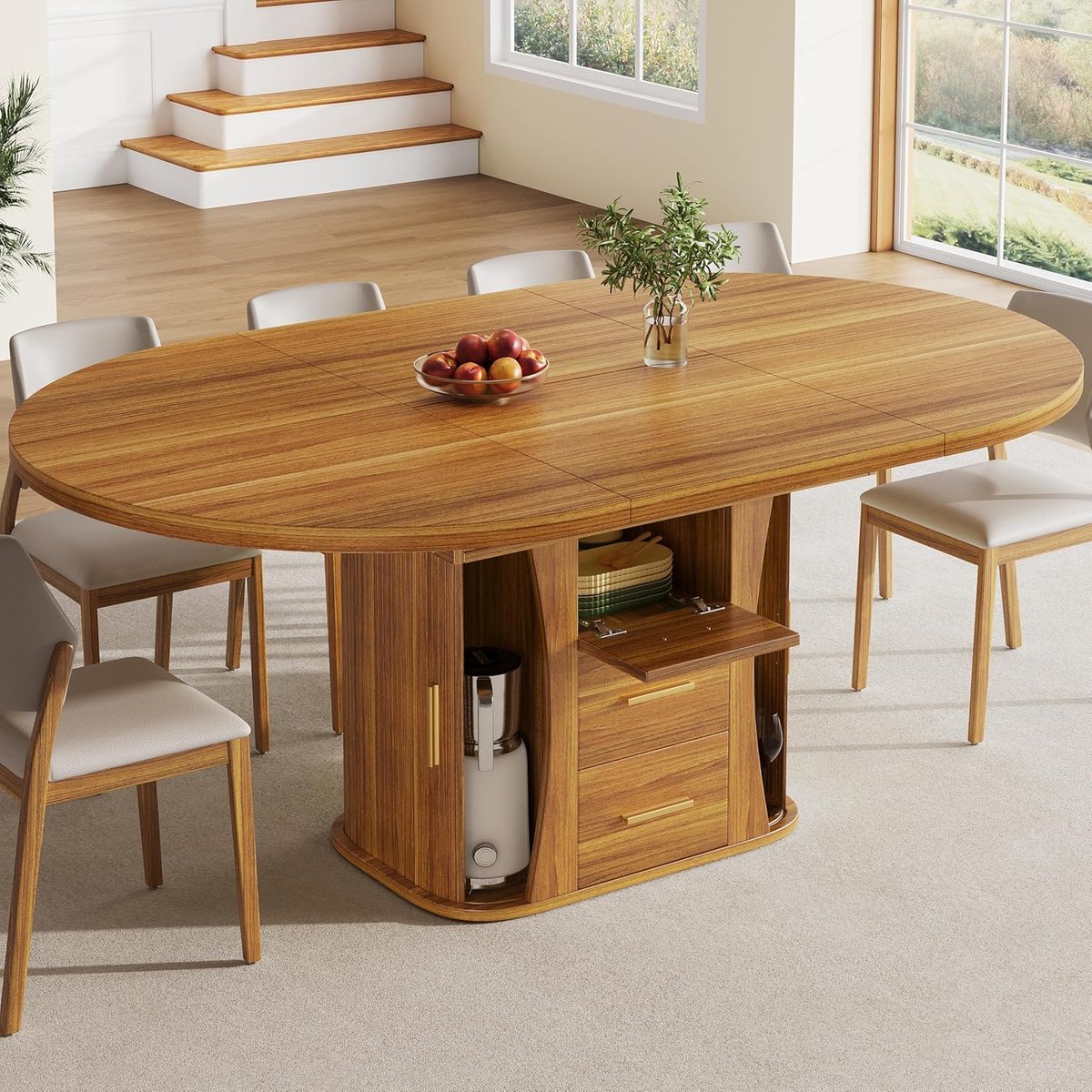 Uittrekbare Eettafel - Eetkamer Keukentafel - Ruimte voor Zes - Drielaags Opslag - 118-158 cm - Walnoot