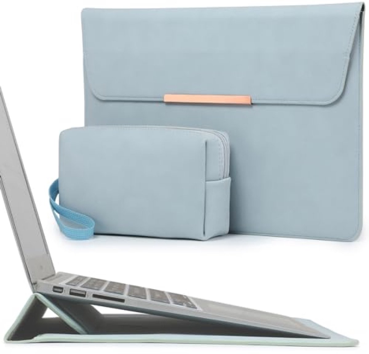 15 inch Laptophoes met Standaard - Lichtblauwe Sleeve met Opbergzak