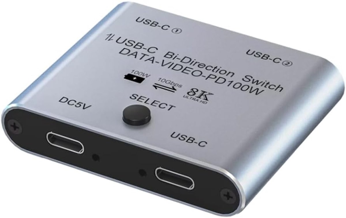 USB-C KVM Switch - Bi-directionele Switch - Twee Computers - 8K 60Hz Video - 10x9x3 cm