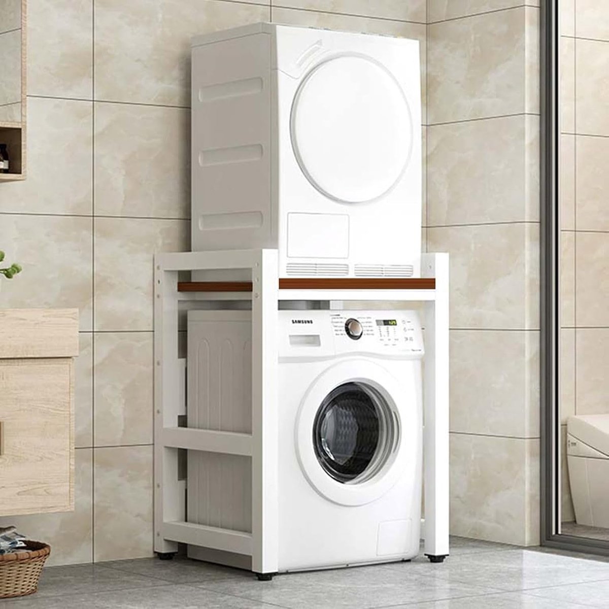 Opbergkast Wasmachine - Ruimtebespaarder - Wasruimte Organiseren - Stevig Koolstofstaal - 75x65x105 cm - Wit Bruin