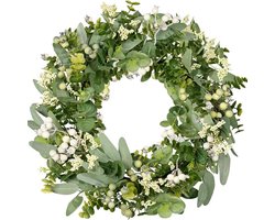 Kunstkrans – Decoratieve krans – Krans - krans landelijk - bloemenkrans – Deurkrans – Landelijke decoratie – 46 cm – Zijden bloemen – Groen