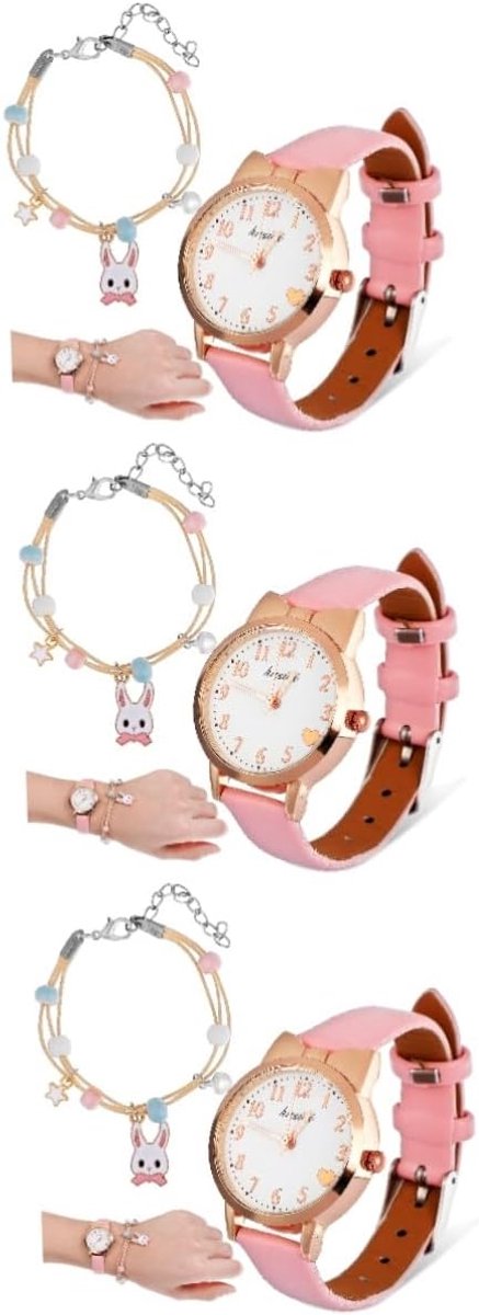 Kinderhorloge met Armband - Kindertijdwaarnemer - Leren Klokkijken - Leuk Konijn Design - 21 x 3 cm - Roze