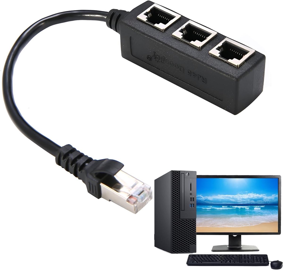 Ethernetkabel splitter - Netwerkverdeler adapter - Meerdere apparaten aansluiten - Drie poorten uit één - 24 x 21 cm - Zwart