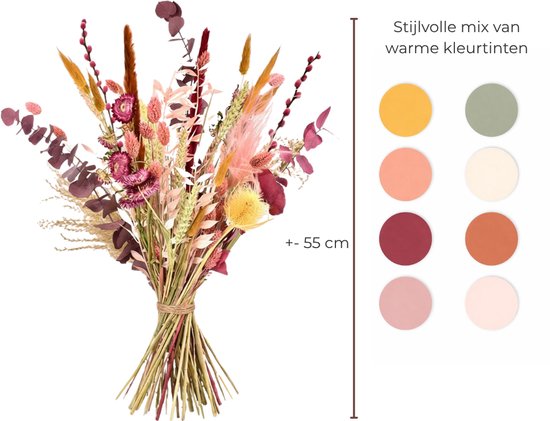 Gedroogde bloemen mix van 55 cm met warme kleurtinten, waaronder geel, groen, roze en rood.