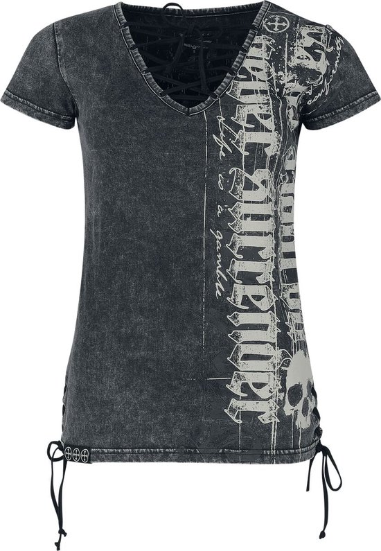Donkergrijs stonewashed T-shirt met V-hals, veters aan de zijkant en een verticaal geplaatste print met tekst en schedel.