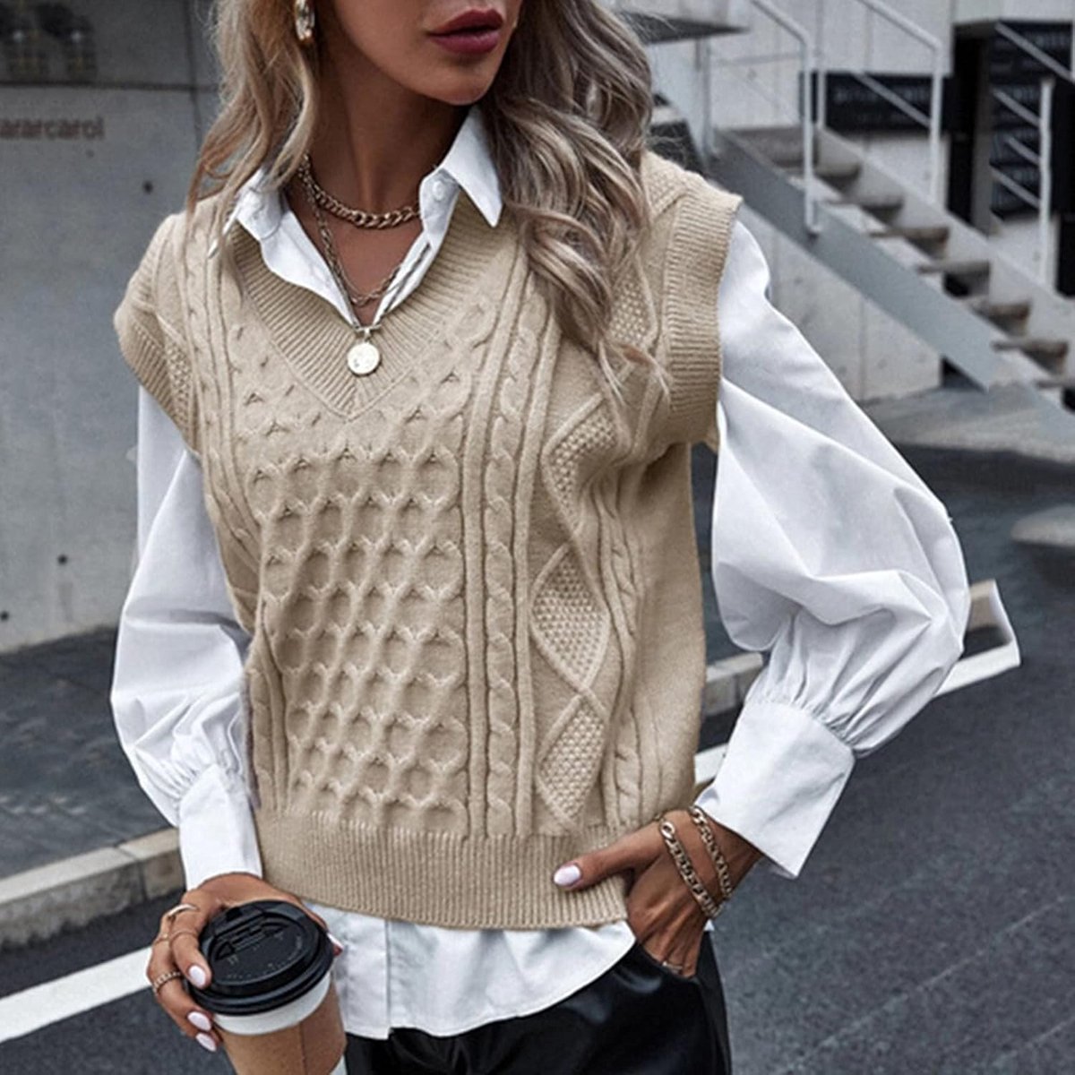 Dames Gebreide Trui Zonder Mouwen V-Hals Vest Luchtig Los Gebreid Herfst Korte Sweater