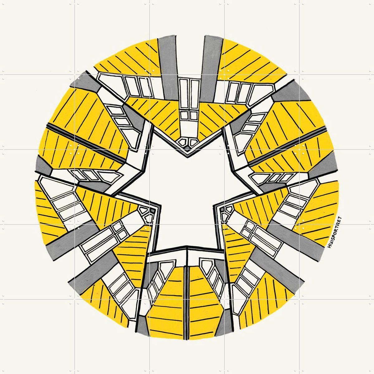 IXXI Cube Houses Circle, Huisportret & Kunst in Kaart - 100 x 100 cm - Gratis ophangtool - Grote wanddecoratie en posters - Illustraties,
