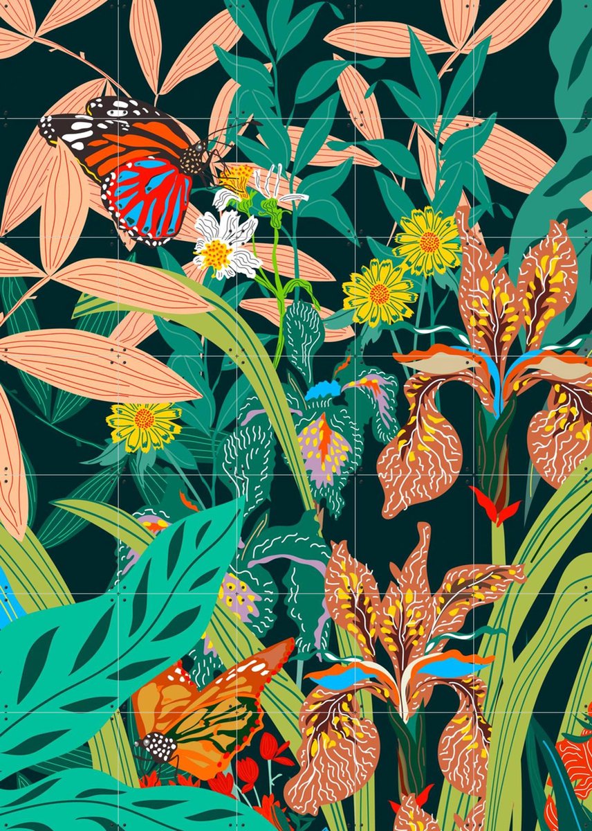 IXXI Butterfly Garden Petrol, Marylène Madou - 100 x 140 cm - Gratis ophangtool - Grote wanddecoratie en posters - Illustraties, Bloemen, Planten