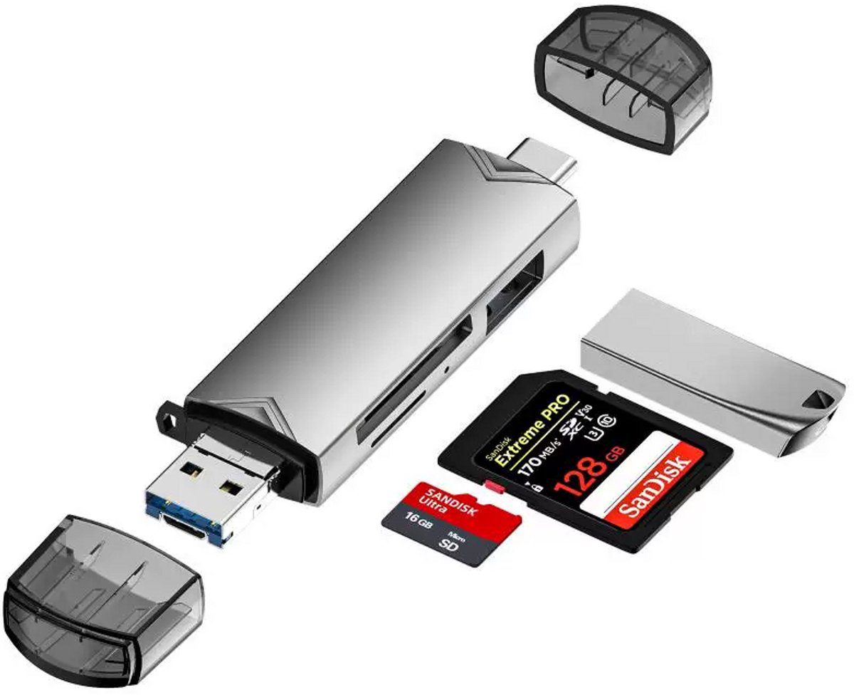 Multifunctionele Kaartlezer voor SD Kaart - Usb C Aansluiting - Voor Computer, Laptop en Telefoon
