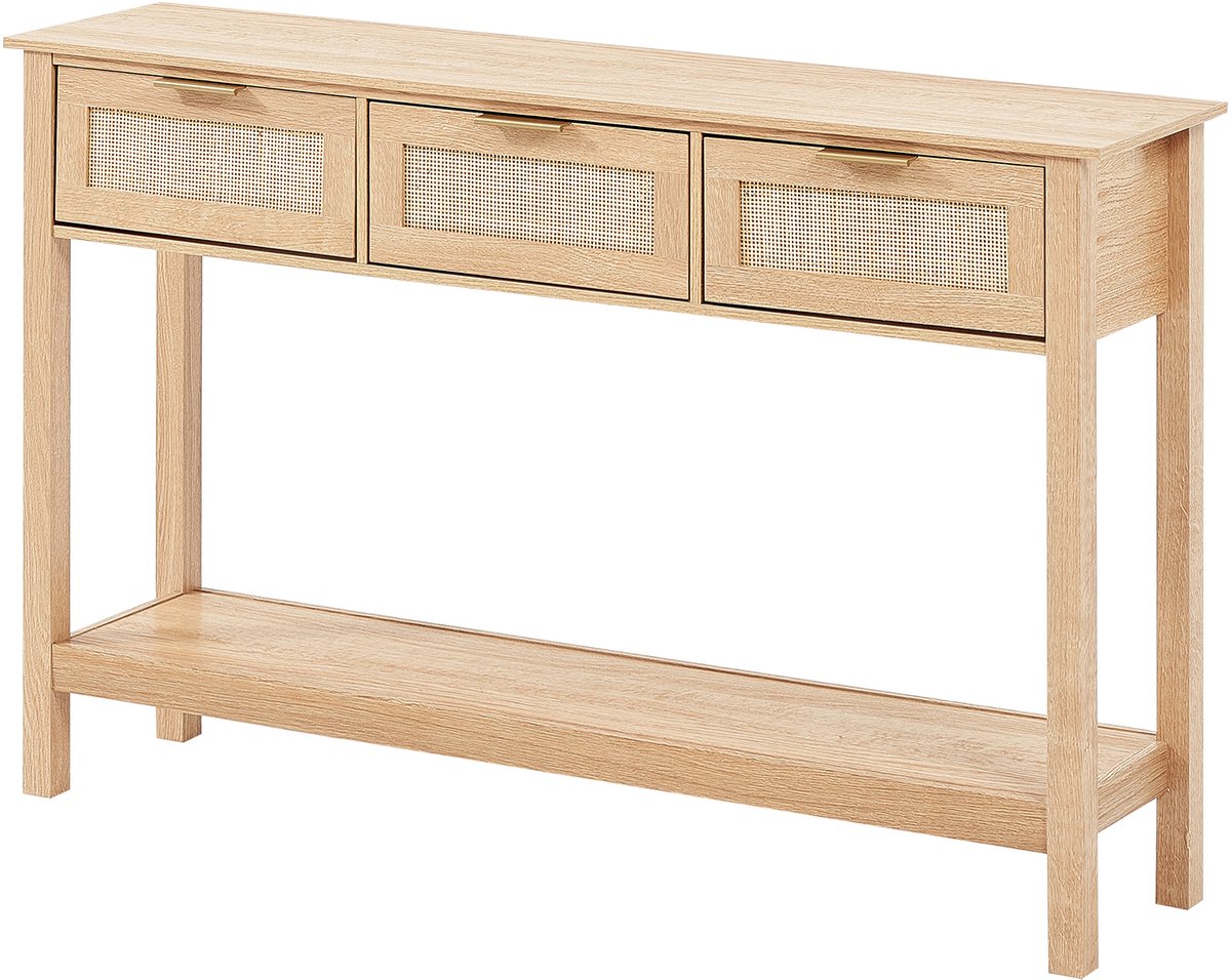 Vevor Rotan Consoletafel, Haltafel, Decoratieve Tafel, 3 Lades, Schuifdeuren, Naturel Bruin