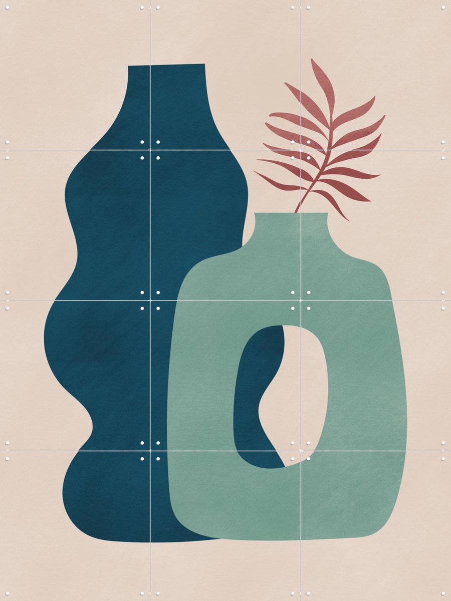 IXXI Minimalist Design with Blue and Green Vases, Little Dean & Various - 60 x 80 cm - Gratis ophangtool - Grote wanddecoratie en posters -