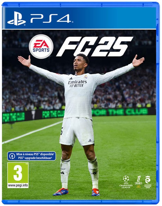 FC 25 PS4 speldoos met een speler in een wit Real Madrid tenue dat "Emirates Fly Better" draagt.
