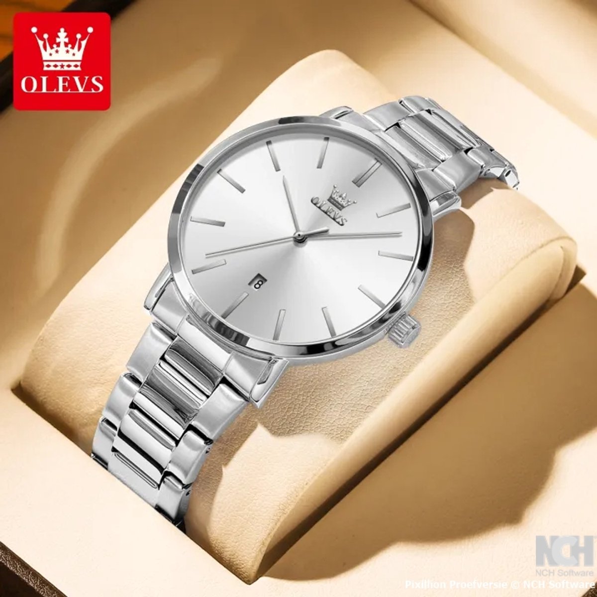 HO-0701.z : Olevs simpel zilverkleurig edelstalen heren quartz horloge, kalenderdag