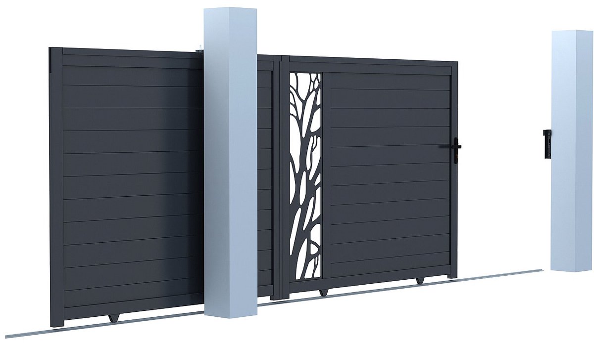 Vente-unique Elektrische, schuivende, half opengewerkte aluminium tuinpoort met motieven L