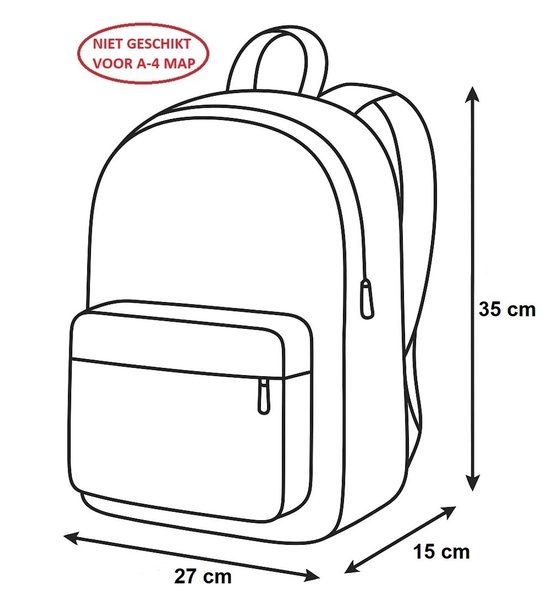 Dessin schématique d'un sac à dos avec dimensions : 35 cm de haut, 27 cm de large et 15 cm de profondeur. "NE CONVIENT PAS AUX DOSSIERS A4".