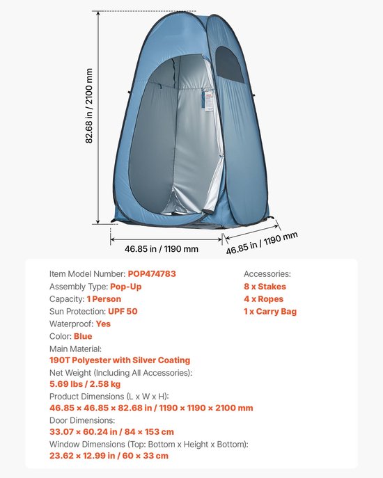 Pop-Up Toilettent 119x119x210 cm, Eenvoudig op Te Zetten Tent, Omkleedtent met Haringen, Touwen en Draagtas, Gemaakt van Duurzaam 190t Polyester, Perfect voor Kamperen, Stranddagen en Vissen, Blauw van POP — afbeelding 3