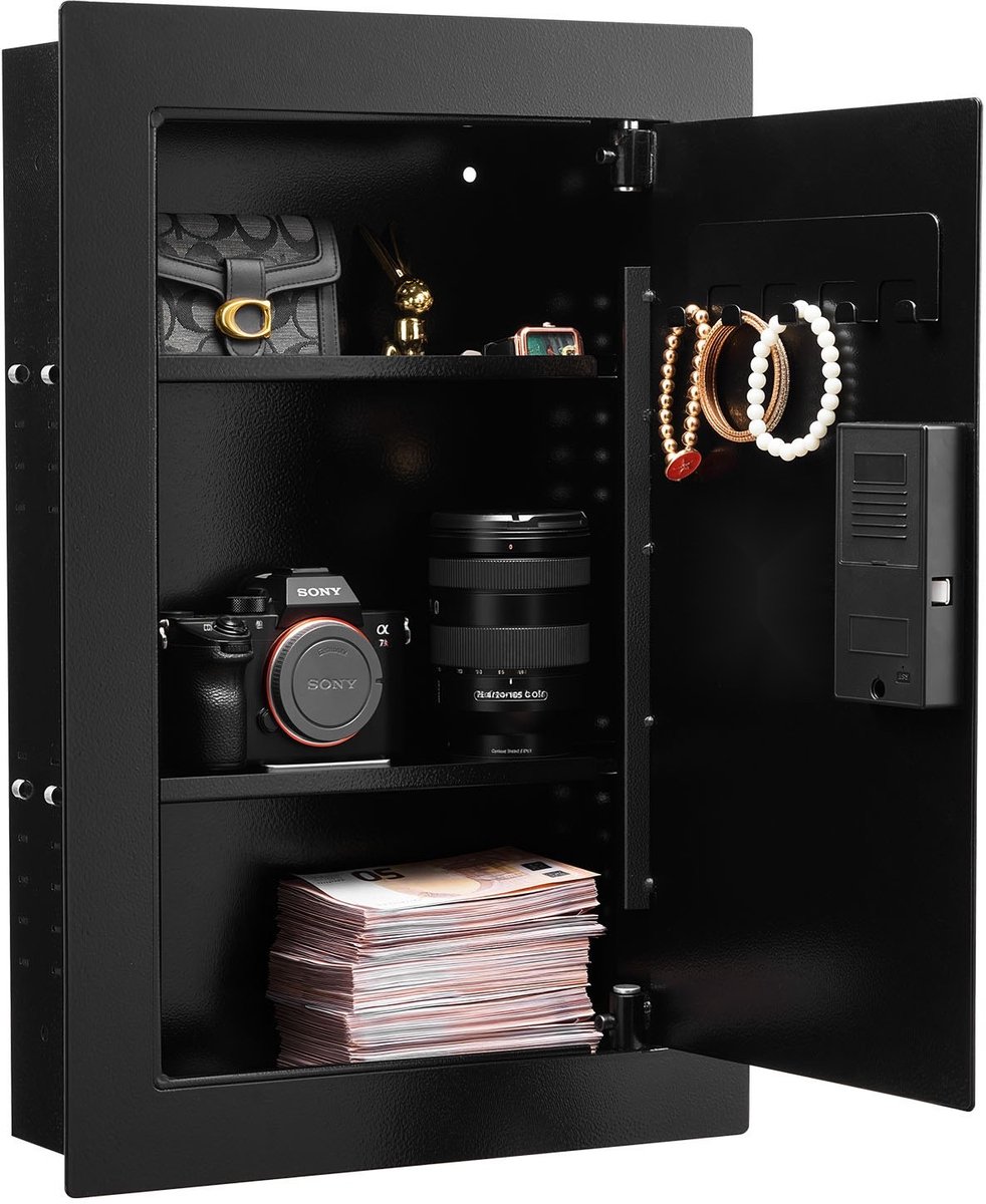 Wandkluis - Biometrische Kluis - Vingerafdruk & Code & Sleutel & Draaiknop - Koudgewalst Staal Q235 - Verstelbare Planken - Wandmontage - Voor Geld, Sieraden & Documenten