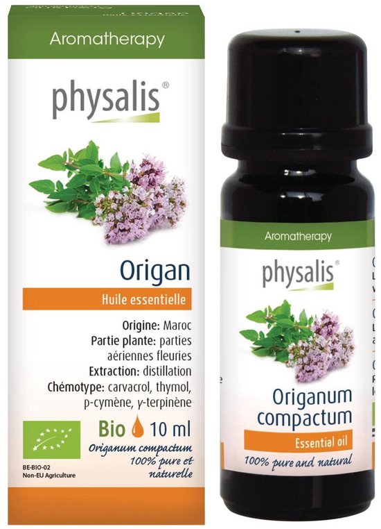 Verpakking en flesje Physalis Oregano etherische olie 10ml met afbeelding van oreganoplanten.