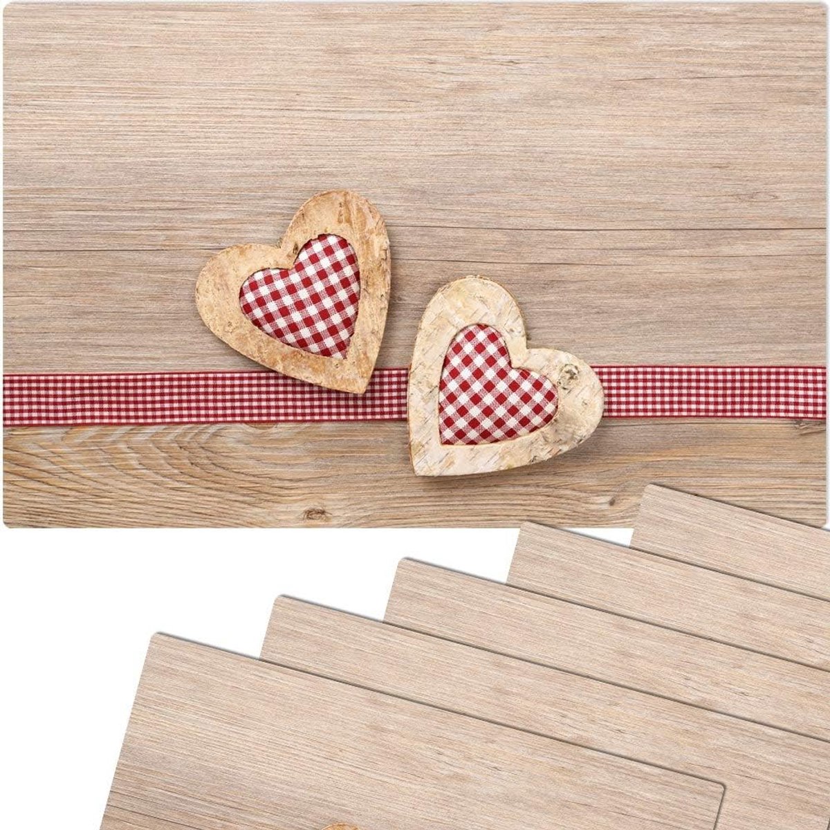 Set van 6 placemats met landelijke hartjesprint, houtlook, afwasbaar kunststof