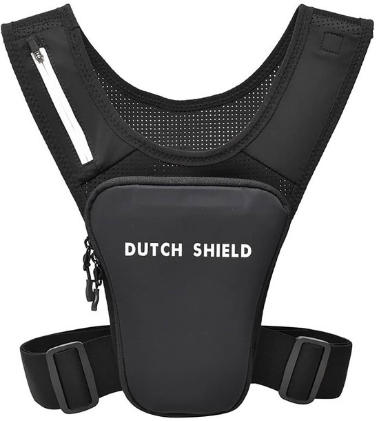 Zwart hardloopvest met "DUTCH SHIELD" logo, ritssluiting en verstelbare banden.