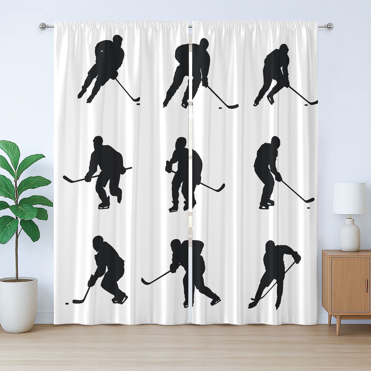 ABAKUHAUS Rustiek ijshockeygordijn, zwarte spelerssilhouetten, met lussen en haken voor de woonkamer, 280 x 245 cm, wit zwart