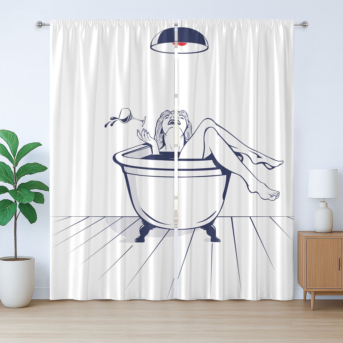 ABAKUHAUS Rustiek gordijn in wijnkleur, afbeelding van een jonge vrouw in een badkuip, met lussen en haken , 280 x 225 cm, donkerblauw, wit en rood