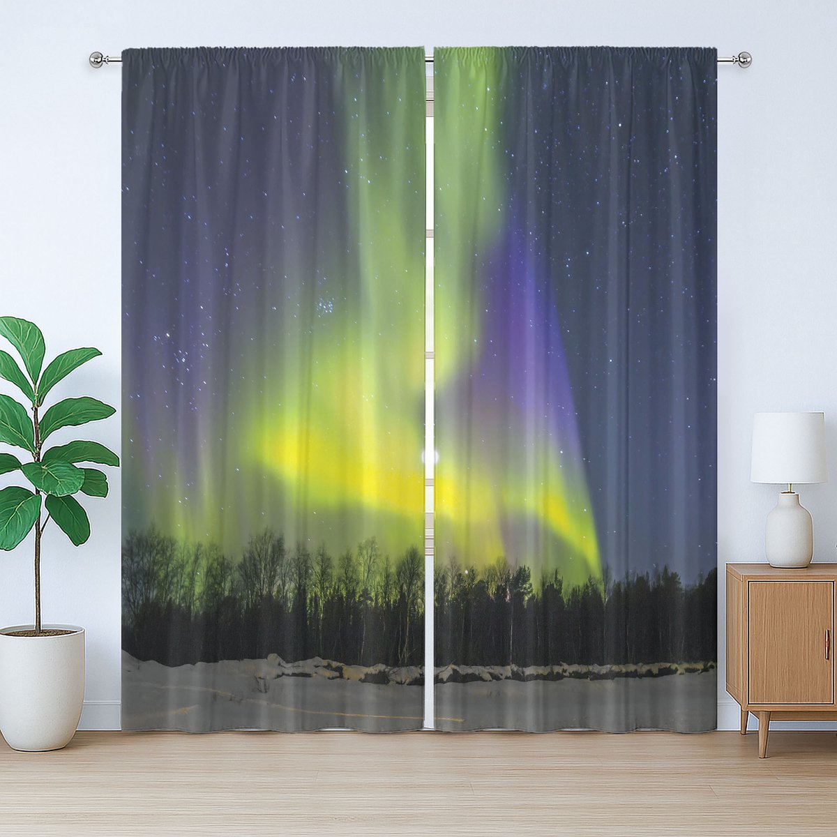 ABAKUHAUS Alaska Rustiek Gordijn, Aurora Borealis Bos, Slaapkamergordijn met plooien en haken, 280 x 260 cm, Blauw Geel Groen