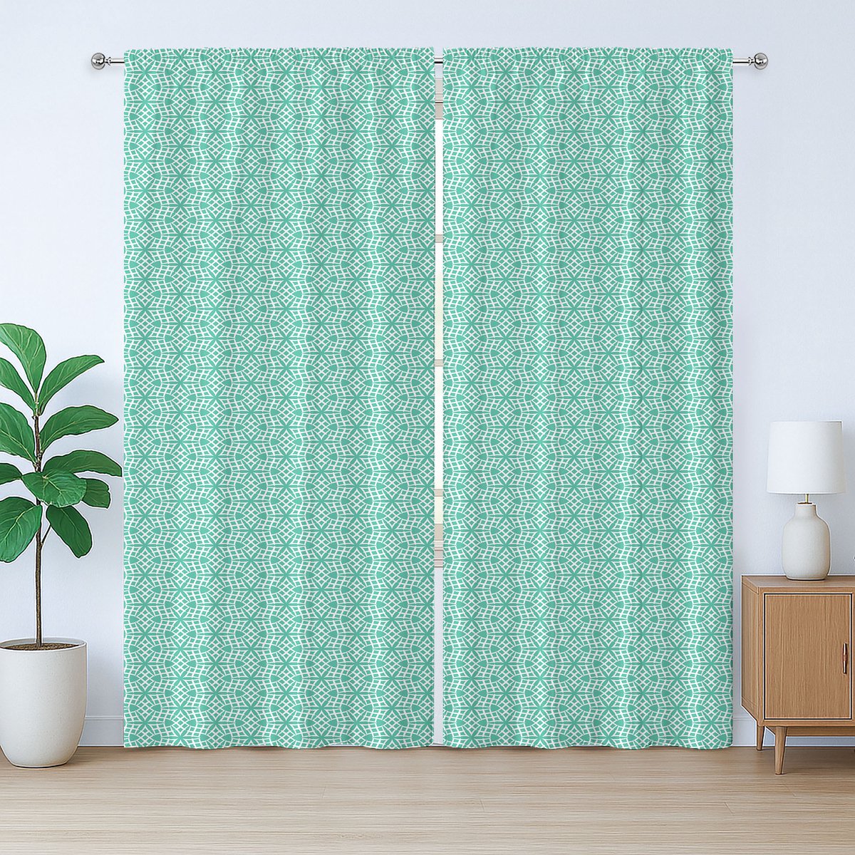 ABAKUHAUS Aqua-Damask Rustiek Gordijn, Modern Monochroom, met Bandjes, Lussen en Haken voor de Woonkamer, 280 x 175 cm, Zeegroen en Wit