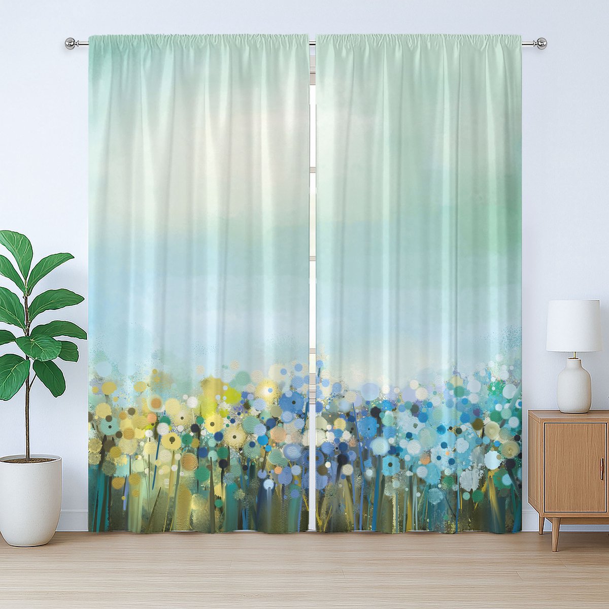 ABAKUHAUS Rustiek gordijn met bloemenprint, aquablauw schildereffect, met lussen en haken voor de woonkamer, 280 x 260 cm, lichtblauw